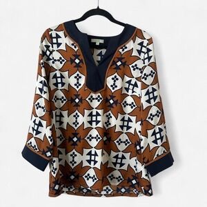 Jade Tavern multi-coloured cotton tunic top with navy blue trim Size M